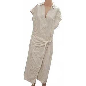 Universal Thread Women's Cream Stripe Wrap Waist Midi Fashion Shirt Dress Size S